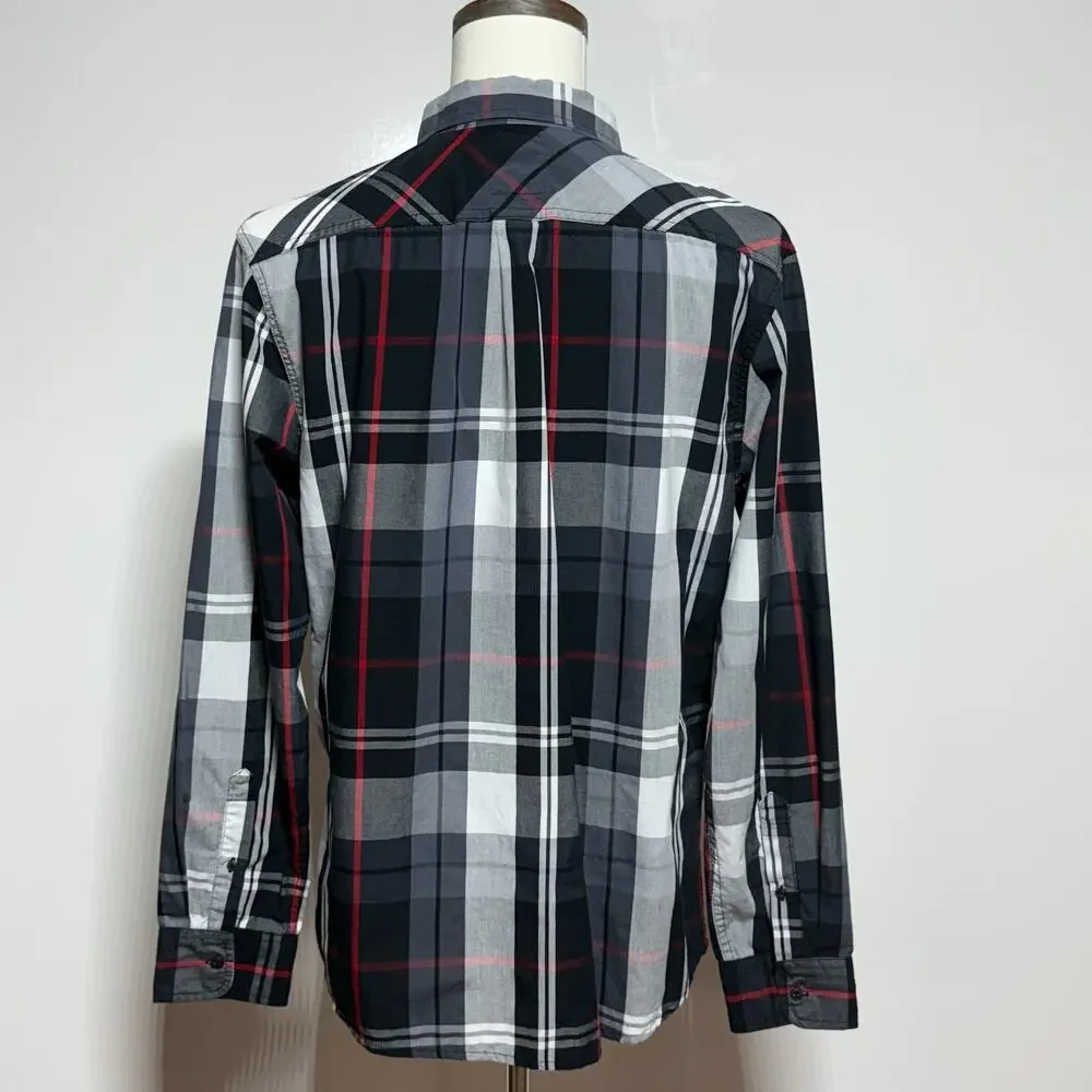 Levis Shirt Mens Large Black Gray Plaid‎ Button Down Long Sleeve Pocket Cowboy